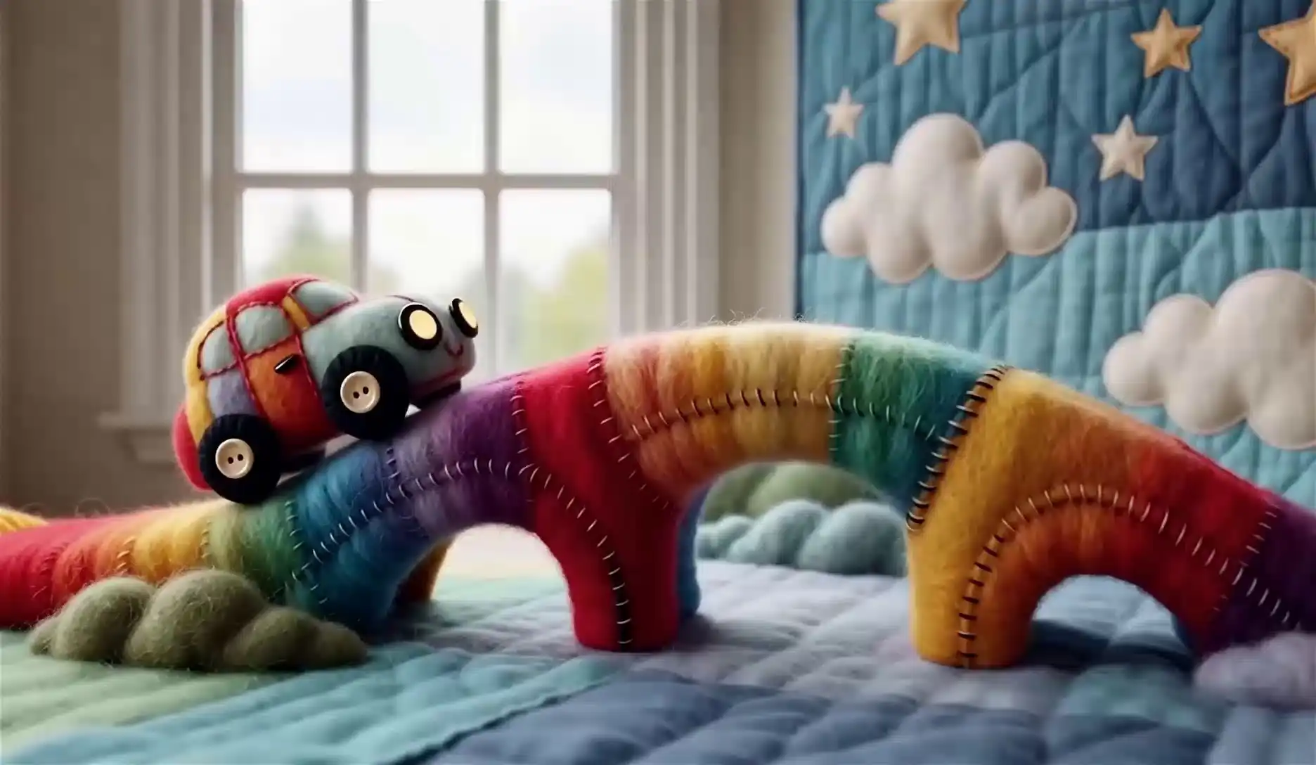 Wan 2.7 AI Video Generator Video Gallery - felt style rainbow yarn bridge button car quilted sky