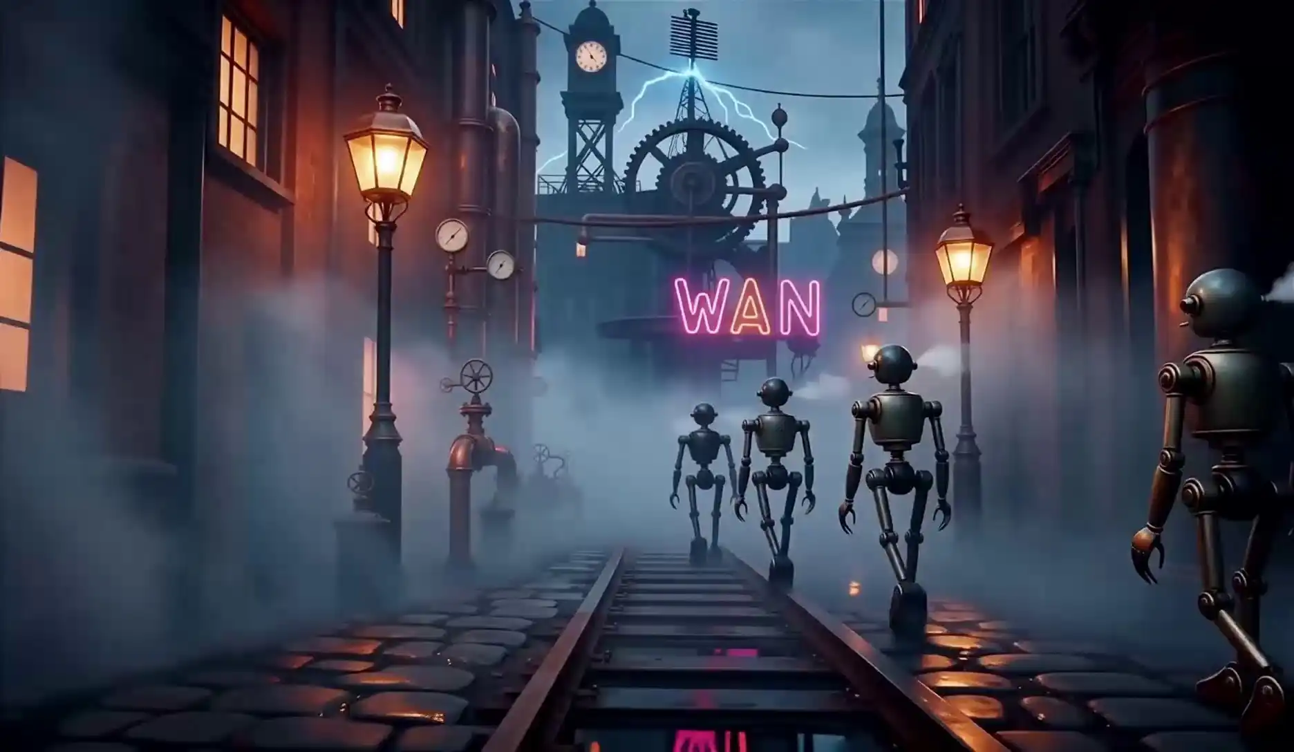 Wan 2.7 AI Video Generator Video Gallery - steampunk victorian alley neon mist robots